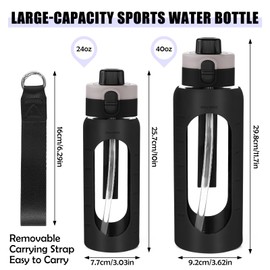 ANOTION 24OZ Glass Water Bottle, Large Sports Water Bottle with Dual-Drink Lid Clear Leakproof Glass Bottles with Straw, Motivational Jug with Silicone Sleeve and Time Marker for Travel Gym-Black