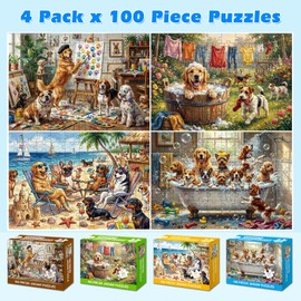 4-Pack 100 Piece Puzzles for Kids Ages 4-6 6-8 8-10, Funny Dogs 100 Piece Puzzles for Seniors Adults, Cute Animals Large Piece Kids Puzzles 100 Pieces for Seniors Adults Family Game Gifts (15x10 in)