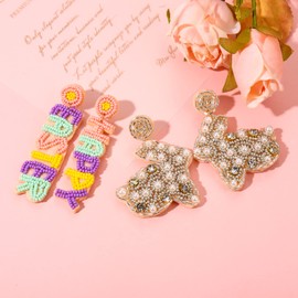 2 Pairs Easter Earrings for Women Beaded Easter Egg Bunny Earrings Letter HAPPY EASTER Earrings Cute Rabbit Dangle Earrings Spring Holiday Jewelry Gifts, Zinc, crystal