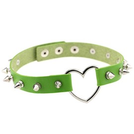 FM FM42 Green Simulated Leather PU Silver-tone Heart Ring Rivet Spiked Necklace Neckband Choker PN1244