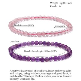 Jewboo 2Pcs Genuine Semi Gems Friendship Beaded Bracelets for Women Crystals and Gemstones Stretch Healing Bracelets Beads 4mm (Rose Quartz & Amethyst)