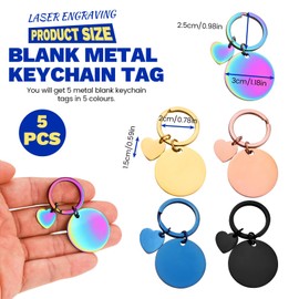 Realand 5 Pack Metal Keychain Blanks for Laser Engraving, Stainless Steel Engravable Round Stamping Blanks Key Ring Tags for DIY Crafts Gifts, Double-Sided, 5 Colors