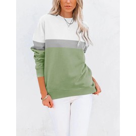 TICTICMIMI Women's Casual Long Sleeve Color Block/Solid Tops Crewneck Sweatshirts Cute Loose Fit Pullover with Pockets White Grass Green