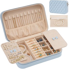 Lolalet Travel Jewelry Case for Women Girls -Medium, Blue | Jewelry Box Organizer for Travel Essentials, Mirror & Clear Storage Bag, Earring Necklace
