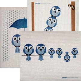 Mixed Blue Birds Set of 3 Cloths (one of Each Design) Swedish Dishcloths | ECO Friendly Absorbent Cleaning Cloth | Reusable Cleaning Wipes