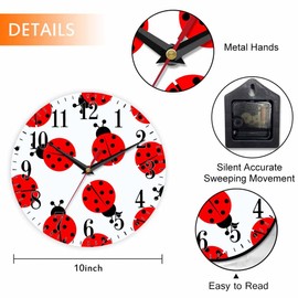 Mxocom Ladybug Wall Clock Red and Black Ladybug Pattern 10 Inch Silent Non Ticking Battery Operated Clock Vintage Round Clock for Living Room Bedroom Bathroom Office Decor