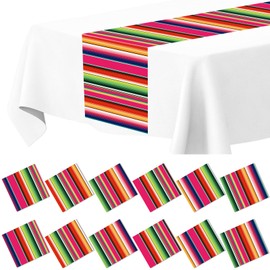 Lonfliness 12Pack Plastic Mexican Table Runner Disposable Mexican Serape Table Runner 14 x 84Inch Colorful Striped Table Cover for Dinning Table Fiesta Party Day of The Dead Taco Party Decor Supplies