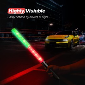 RoadHero 1 Pack 21 Inch Traffic Wands, Red and Green Led Traffic Control Baton, Safety Light Wand with 3 Flashing Modes, Air Marshaling Signal Wand with Side Clip for Airport, Parking, Car Directing