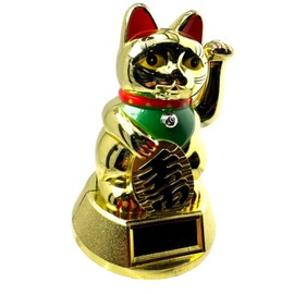 Lucky Cat Waving Arm Solar Powered Chinese Fortune Desk Figurine Small Statue Golden Fortune Wealth Feng Shui Decoration