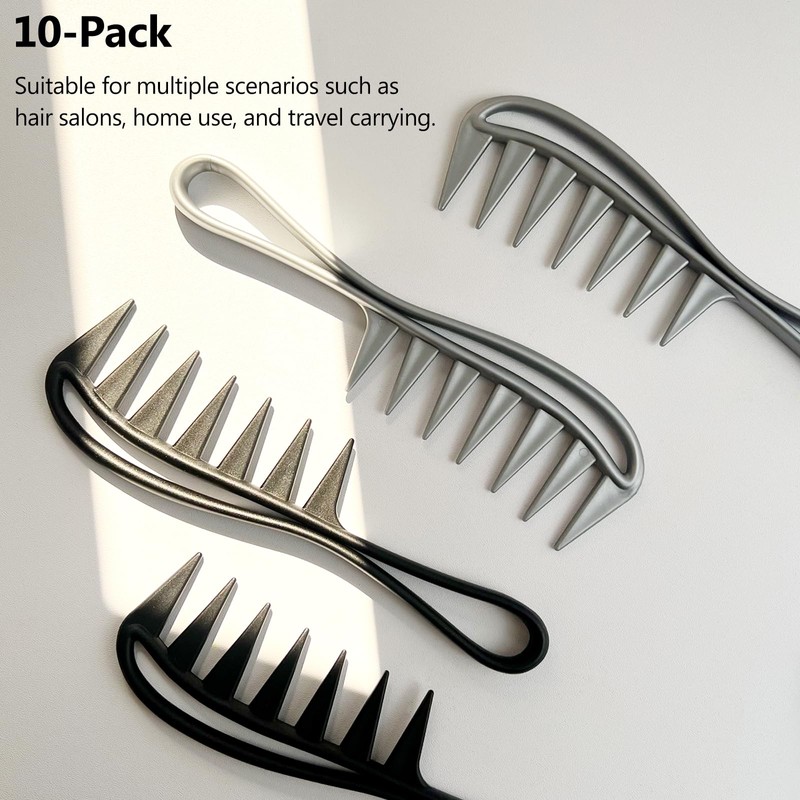 Wide Tooth Hair Combs Set of 10pcs, Black & Silver
