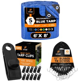 6' x 8' Multipurpose 5 Mil Blue Poly Tarp Cover, Rubber Bungee Cords 10-Pack 15"(23” Max Stretch) & 10-Pack Heavy Duty Reusable Tarp Clips for Canopy, Boat, Cargo- by Xpose Safety