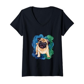 Womens Pug in bright, colorful water colors V-Neck T-Shirt