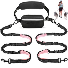 Uppetly Hands Free Dog Running Leash with Waist Belt, Dual Handle Elastic Bungees Retractable Rope for Small and Medium Dogs, Reflective Stitches for Walking Hiking Biking (Medium Pink, 8-25lb)