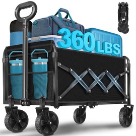 Collapsible Wagon Cart with Wheels Foldable: 360LBS Heavy Duty Folding Utility Wagon - Portable All Terrain Grocery Wagon Cart for Groceries Shopping Outdoor Camping Fishing Sports (Dark Black)