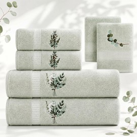 Peryiter 6 Pack Eucalyptus Leaves Bath Towels Set, Sage Green Towels for Bathroom Kitchen, Soft Farmhouse Embroidered Botanical Bathroom Decor Summer Decorative Gifts