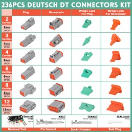 236PCS DT Deustch Connector Kit with Wire Crimper, 2 3 4 6 8 12 Pin Waterproof Automotive Electrical Connectors Plug, with Removal Tool and Size 16 Stamped Formed Contacts(14-20AWG)