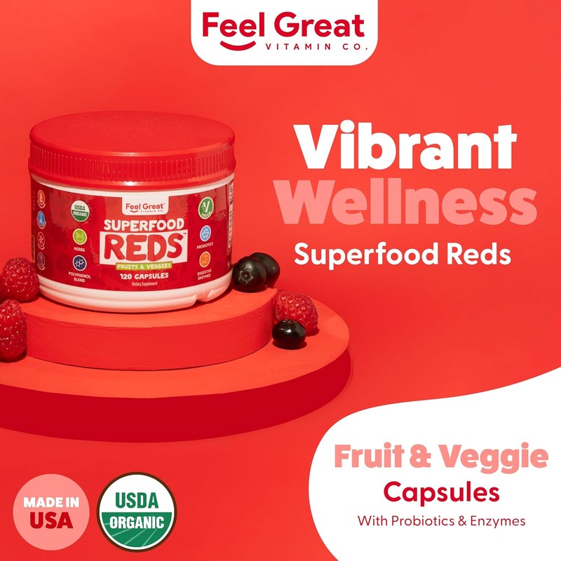 ​Feel Great Organic Super Reds Powder Superfood Capsules Polyphenols Supplement