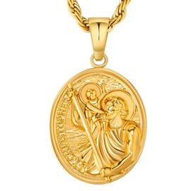 KRKC&CO 2.5mm St Christopher Necklace for Men, 22" Pendant Necklace Protector Talisman, Coin Medallion, 18K Gold Plated Protection, Chain with Pendant, Gift for Men Husband Son Father