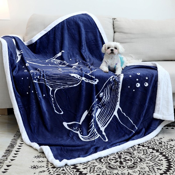 Zevrez Whale Blanket, Navy Blue Ocean Throw Twin Size Whales
