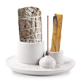 4-in-1 Incense Holder, Incense Bowl for Any Incense, Ceramic Incense Bowl, Sage Holder for Burning, Palo Santo Holder, Ceramic Ash Catcher Tray for Any Incense (White)