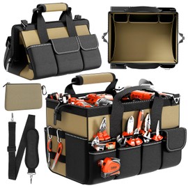 Goovilla Tool Bag 15.5 Inch with 1 Pouch | 17-Pocket Portable Tool Box Organizer Storage with Adjustable Strap, Soft Handle and Durable Zipper | Heavy Duty Tool Bags for Men, Father’s Day (Khaki)