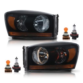 ALLGOOD Headlights w/Amber Bar Bulbs, Compatible with Dodge Ram 1500 2006-2008/Fit Dodge Ram 2500 3500 2006-2009, Smoky Lens Black Housing Amber Reflector, 1 Pair