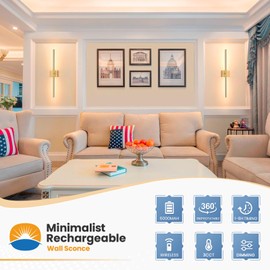 NIORSUN 28 Inch Battery Operated Wall Sconce Set of 2, 360° Rotation Gold Rechargeable Wall Lights with Detachable Tube and Remote, 3CCT Dimmable Wireless Wall Lamp for Living Room Bedroom Hallway