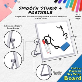 Compact Magnetic Whiteboard with Dual-Sided Easel - 25x25cm - Perfect for Office and Home Use, Includes 2 Erasable Pens & Eraser