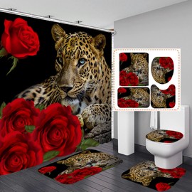 Red Rose Cheetah Shower Curtain Cat Leopard Print Bath Curtain with 12 Hooks Romantic Flowers Bathroom Decor Curtain Set with Non-Slip Rugs, Toilet Lid Cover Bath Mat for Bathtubs (Red Rose Cheetah)
