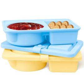 KOEVSU 2-Pack Reusable Silicone Snack Containers with Lids – 2Compartment snack containers, Leakproof Travel Snackle Box, Grab-and-Go forTake-out Salad Dressing Sauce Seasoning Container(Khaki,Blue)