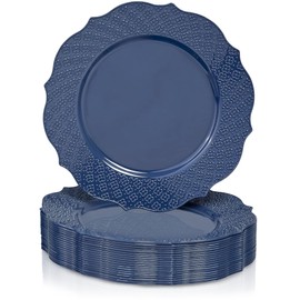 Silver Spoons Elegant Blue Plastic Dinner Plates with Embossed Floral Rim - 10.25” (Pack of 20) - Perfect for Parties, Weddings, and Everyday Dining