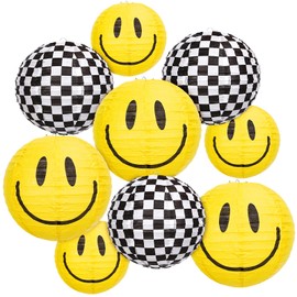 JarThenaAMCS 9Pcs One Happy Dude Paper Lanterns Yellow Smile Face and Checkered Round Hanging Lanterns for First Birthday Wedding Baby Shower Party Supplies, 3 Sizes
