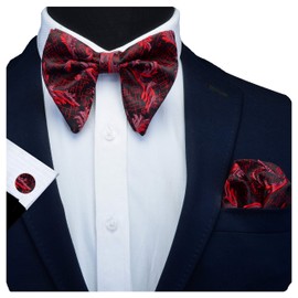 GUSLESON Floral Red Bow Ties for Men Silk Black Pre-tied Big Bowtie and Pocket Square Cufflink Set (0617-04)
