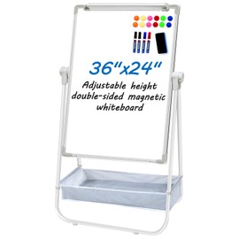 Dry Erase White Board with Stand Double Sided 36"X24" Magnetic U Standing Easel Whiteboard, Height Adjustable & 360° Rotation Portable White Boards for Classroom, Home & Office