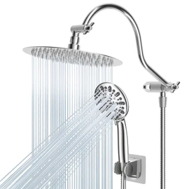 Hibbent All Metal Shower Head, 10'' High Pressure Rainfall Shower Head/Handheld Showerhead Combo with 12'' Adjustable Curved Shower Extension Arm, 7-Spray, 71'' Shower Hose, Shower Head Holder, Chrome