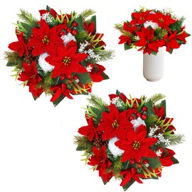 Sggvecsy Artificial Christmas Flowers Centerpiece 2Pcs Fake Floral Balls Arrangement Christmas Poinsettia Flower Decoration with Pine Needles PineCones for Xmas Home Table Centerpieces Christmas Decor