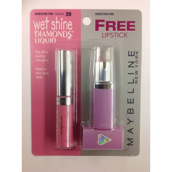 Maybelline Wet Shine Diamonds Liquid Lip Gloss Rhinestone Pink #20 + Free Lipstick Rhinestone Pink.