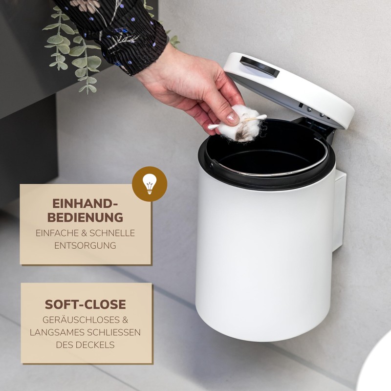 bremermann Wall-Mounted Cosmetic Bin, 3 Litres, Bathroom Bin, 2-Way Mounting,