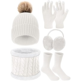 5 Pcs Women Winter Warm Hat and Gloves Scarf Set Knitted Beanie Ski Outing Pompom Hat Winter Ear Warmer Ski Earmuffs Stocking (White)