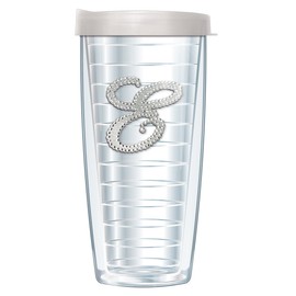Signature Tumblers SIlver Bling Monogram"E" Emblem on Clear 16 Ounce Double-Walled Travel Tumbler Mug with Pearl White Easy Sip Lid