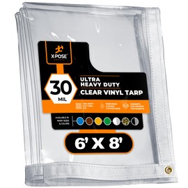 6' x 8' Clear Vinyl Tarp - 30 Mil Super Heavy Duty Transparent Waterproof PVC Tarpaulin with Brass Grommets - for Patio Enclosure, Temporary Wall, Camping, Tent Cover, Canopy - by Xpose Safety