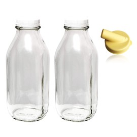 The Dairy Shoppe Heavy Glass Milk Bottles 33.8 Oz Jugs with Extra Lids & NEW Pour Spout! (2, 33.8 oz)