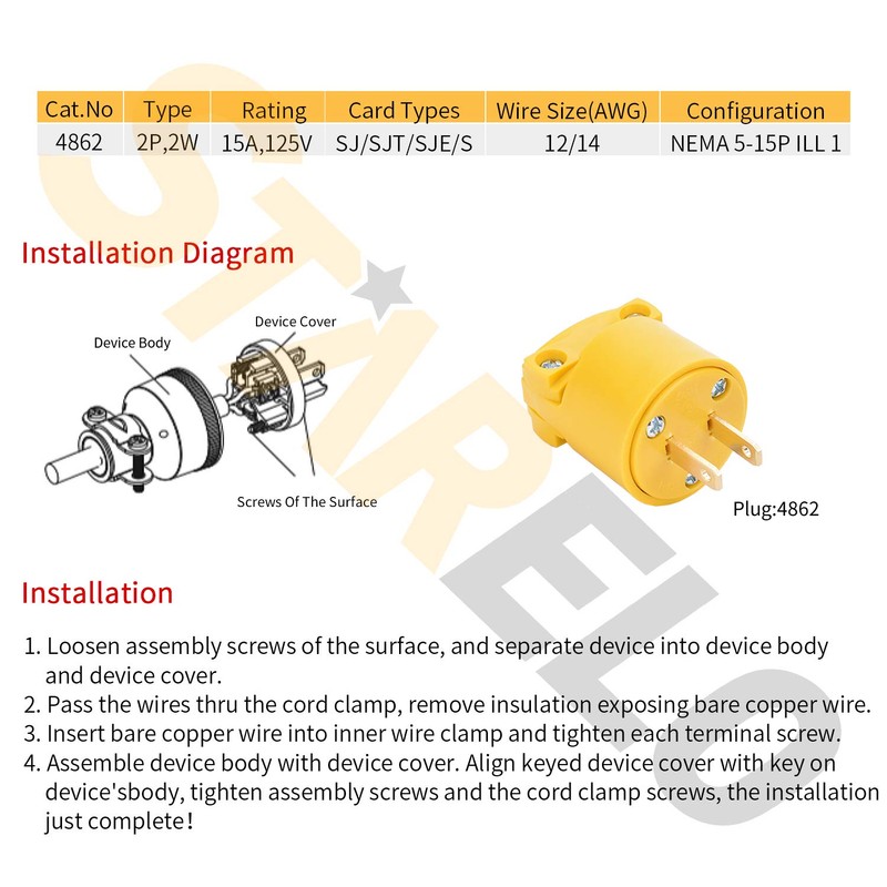 STARELO Electrical Replacement Plug & Connector Set Yellow Shell 125V