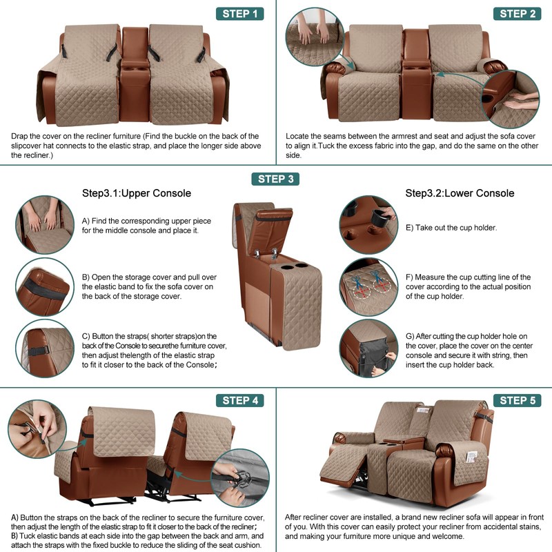 Ruaozz Waterproof Loveseat Recliner Cover with Console Non-Slip Reclining Couch