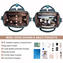 LOVEVOOK Leather Laptop Backpack for Women 18 inch,Travel Backpack Purse Nurse Teacher Backpack Computer Laptop Bag,Professional College Business Work Bag Carry On Backpack with USB Port,Dark Green