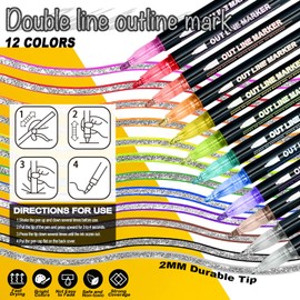 Rccilucki 12 Colors Shimmer Marker Sets,Super Squiggles Outline Marker Set,Shimmer Marker Set for Birthday Greeting, Painting,Christmas Card Writing, DIY Art Crafts