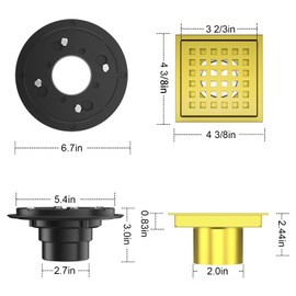 EXF Square Shower Drain 4-3/8 Inch Brushed Gold, Stainless Steel Shower Floor Drain Kit with ABS Flange, Removable Cover Grid Grate, Hair Strainer