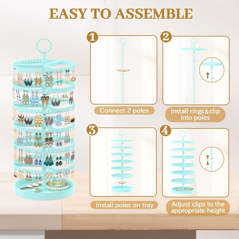 MODOWEY Rotating Earring Holder Organizer Display Tree with Metal Tray,