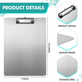 Stainless Steel Clipboard Heavy Duty Metal Clipboards 9 x 12.5 Inch Contractor Clipboard with Low Profile Clip for Letter Size and A4 Paper Sheet Supplies for Office Jobsite Medical Law Enforcement