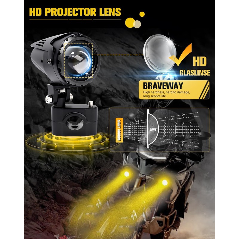 BraveWAY 60W 20000LM Motorcycle Fog Lights, LED Motorcycle Auxiliary Lights,